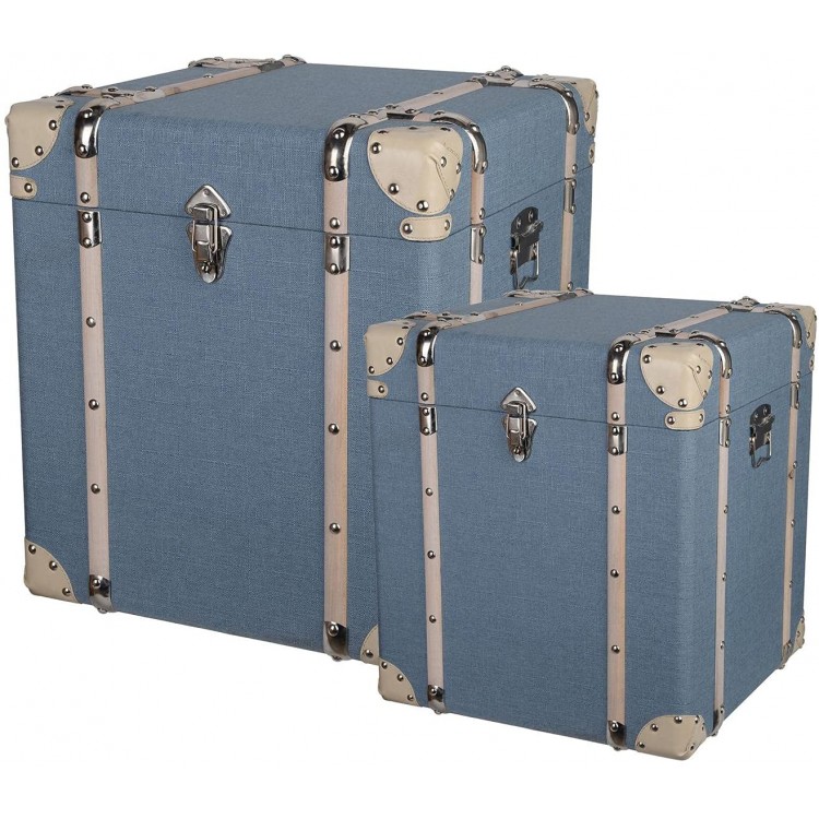 A and B Home 40758-DS 20" and 18" H Square Pale Blue and Cream Wood Linen Indoor Cubes Set of 2 w Leather Upholstery Wooden Trunks Storage Chest