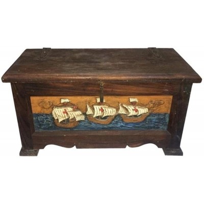 Antique Cedar Storage Chest from Morocco Hand Carved & Painted Ships