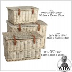 Cape Cod Wicker Trunks Set of 3 Woven Rattan Faux Leather Straps and Handles Storage and Blanket Chests Various Sizes Hinged Tops Chunky Weave Distressed White Willow
