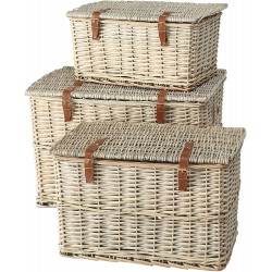 Cape Cod Wicker Trunks Set of 3 Woven Rattan Faux Leather Straps and Handles Storage and Blanket Chests Various Sizes Hinged Tops Chunky Weave Distressed White Willow