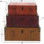 Deco 79 Large Brown Burgundy Tan Leather & Wood Storage Trunks with Studs & Buckles | Set of 3
