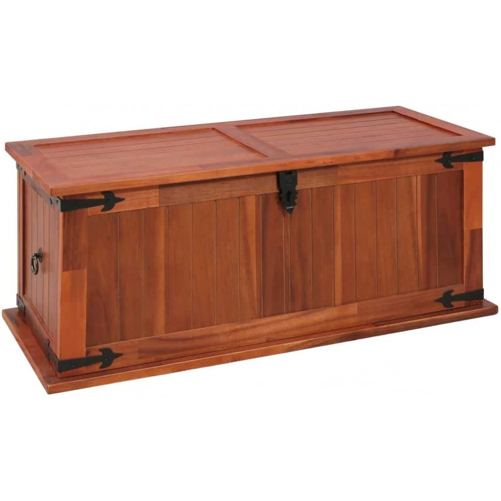 H.BETTER Storage Chest Solid Acacia Wood Storage Trunk with 2 Side Handles Lockable Storage Box 35.4"x 17.7"x 15.7" Treasure Chest Brown