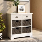 SSLine Home Collection Wicker Storage Cabinet,Storage Chest Storage Unit with 2 Wood Drawers and 4 Wicker Baskets,Accent Furniture for Kitchen Dining Room Entryway Living Room,Fully Assembled White