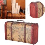 Vintage Wood Treasure Chest Vintage Suitcase Portable Composite Wood Map Pattern Design Vintage Storage Chest