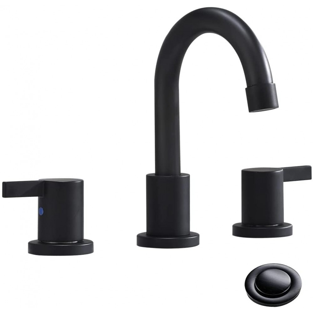 3-Hole Low-Arch 2-Handle Widespread Bathroom Faucets with Valve and Metal Pop-Up Drain Assembly,Matte Black by Phiestina WF15-1-MB