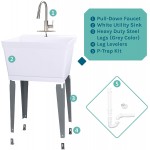 JS Jackson Supplies White Utility Sink Laundry Tub with High Arc Stainless Steel Faucet Pull Down Sprayer Spout Heavy Duty Slop Sinks for Basement Garage or Shop Free Standing Wash Station