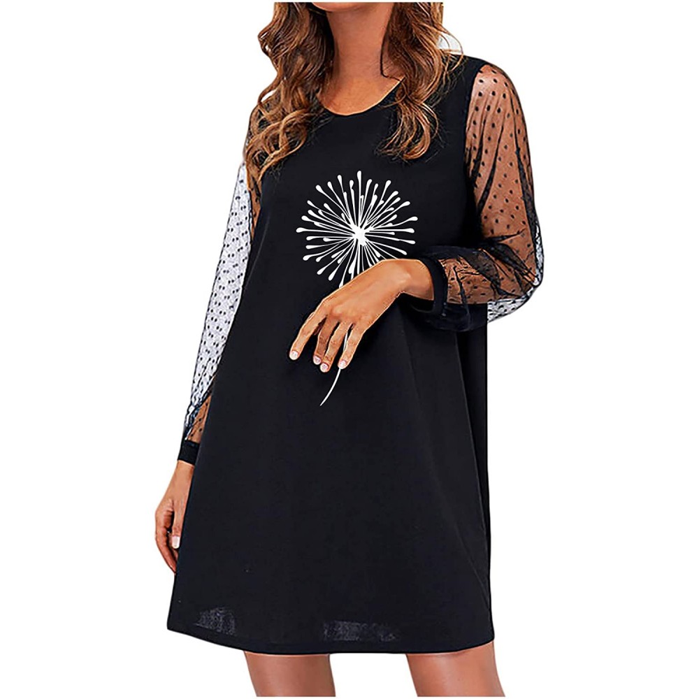 Kidyawn Casual Dress for Women Net Yarn Splicing Long Sleeve Skirt Feather Printed Knee-Length Gowns Loose Comfy Dresses