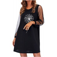 Kidyawn Casual Dress for Women Net Yarn Splicing Long Sleeve Skirt Feather Printed Knee-Length Gowns Loose Comfy Dresses