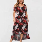 Plus Size Dress for Women Crewneck Short Sleeve Party Skirt Floral Print Off The Shoulder Gowns Mid-Calf Dresses