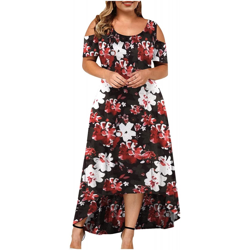 Plus Size Dress for Women Crewneck Short Sleeve Party Skirt Floral Print Off The Shoulder Gowns Mid-Calf Dresses