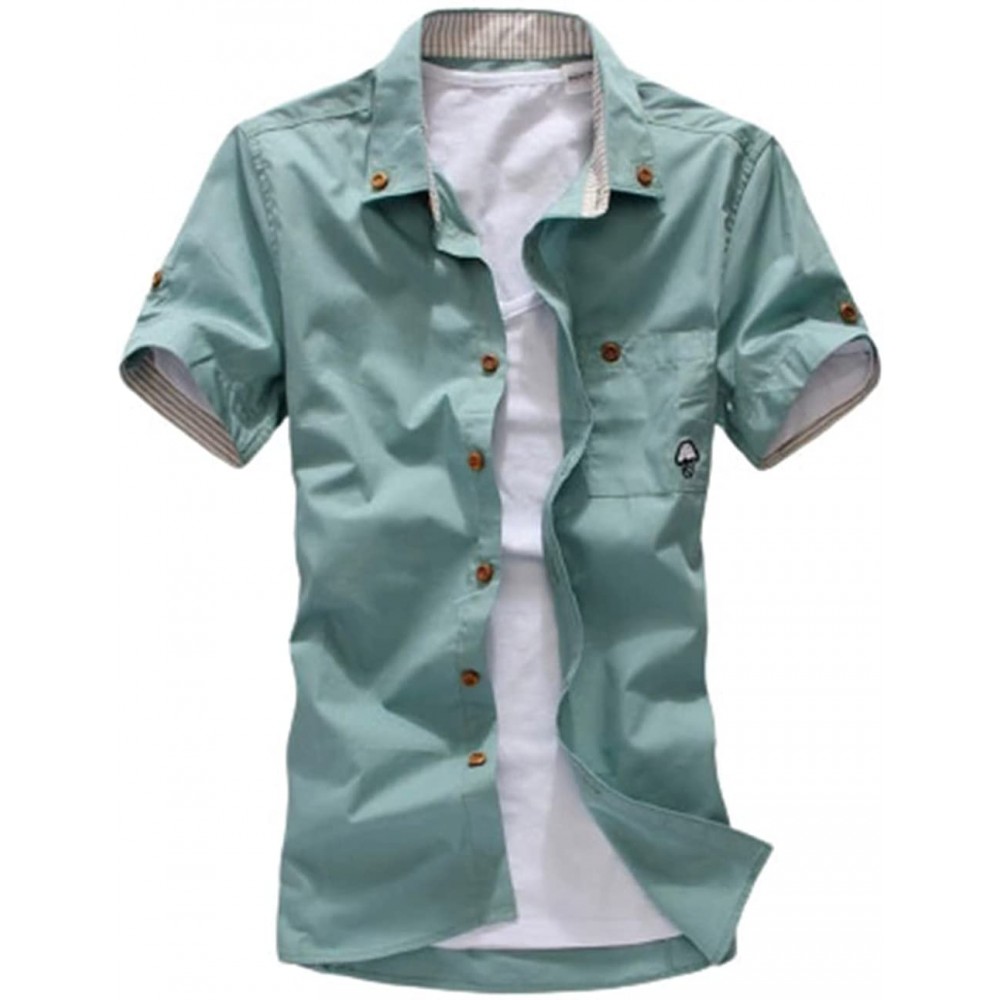 Short Sleeve T-Shirts Men Solid Stand Collar Dress Shirts Fashion Students Teen Tees Casual Blouse Stripped Button Tops