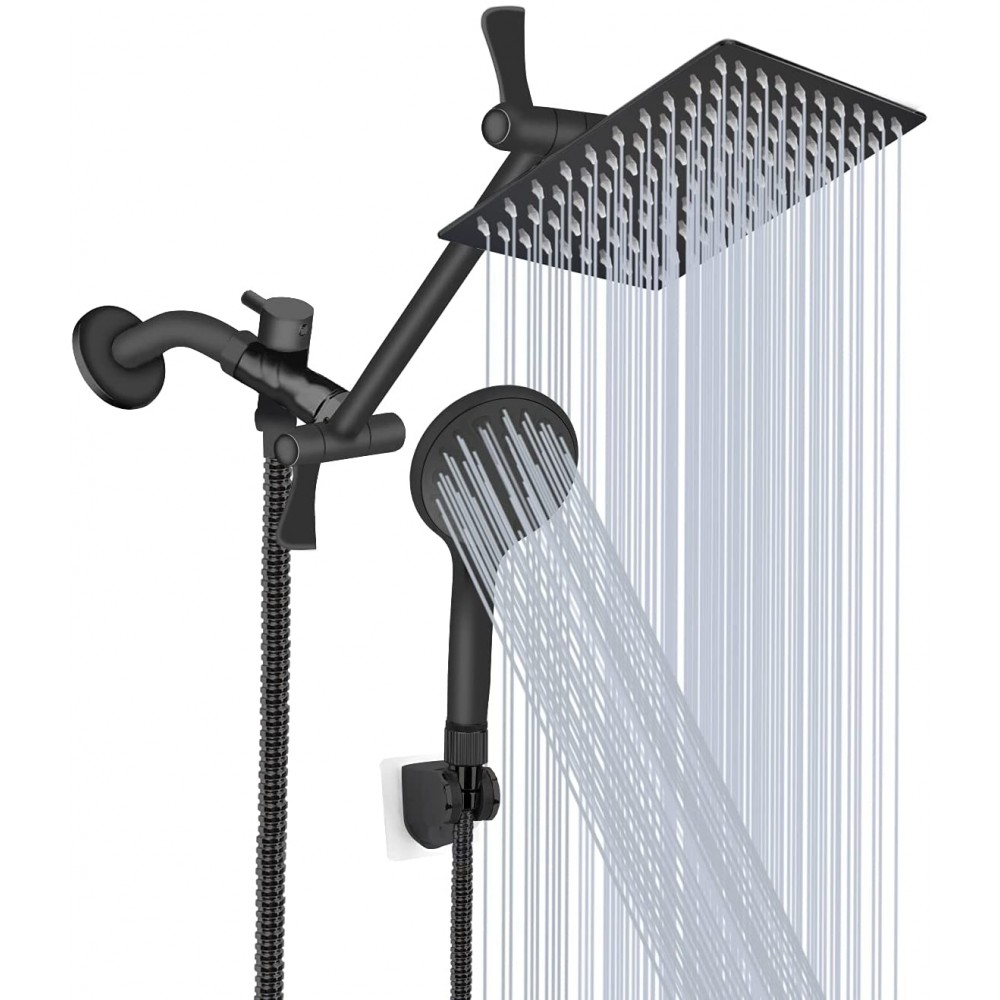 Shower Head 8‘’ High Pressure Rainfall Shower Head Handheld Shower Combo with 11'' Extension Arm 9 Settings Adjustable Anti-leak Shower Head with Holder Height Angle Adjustable Chrome Matte Black