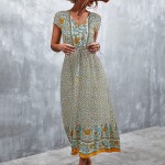 Summer Dress for Women V-Neck Short Sleeve Skirt Vintage Floral Printed Button Gowns Ankle-Length Dresses