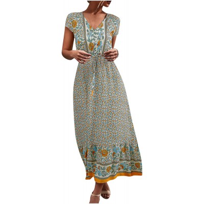 Summer Dress for Women V-Neck Short Sleeve Skirt Vintage Floral Printed Button Gowns Ankle-Length Dresses