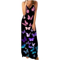 Summer Pullover Dress for Women V-Neck Sling Skirt Butterfly Printed Slim Beach Gowns Ankle-Length Dresses