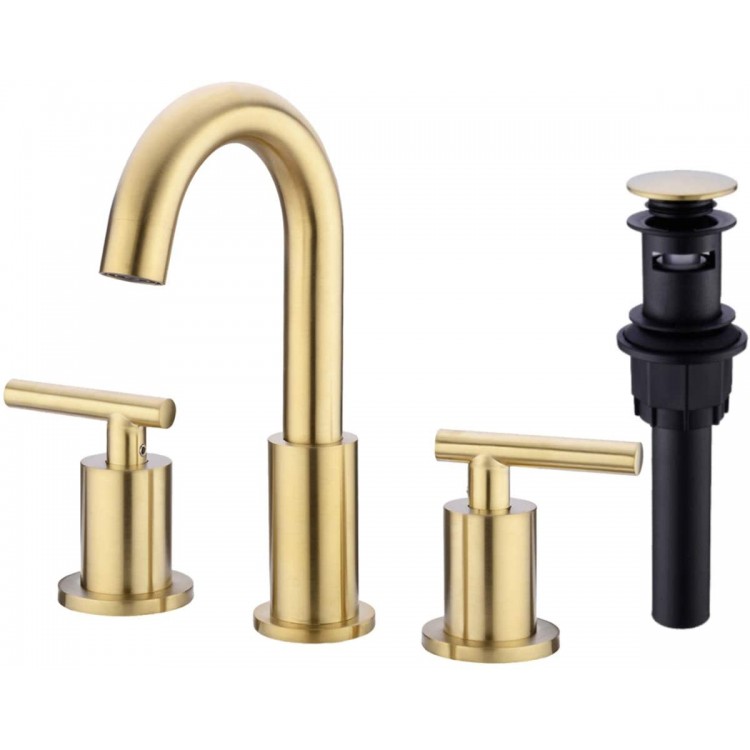 TRUSTMI 2 Handle 8 Inch Brass Bathroom Sink Faucet 3 Hole Widespread with Valve and cUPC Water Supply Hoses with Overflow Pop Up Drain Assembly Brushed Gold