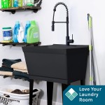 Utility Sink Extra-Deep Laundry Tub in Black with High-Arc Coil Pull-Down Sprayer Faucet in Matte Black Integrated Supply Lines P-Trap Kit Heavy Duty Floor Mounted Freestanding Wash Station