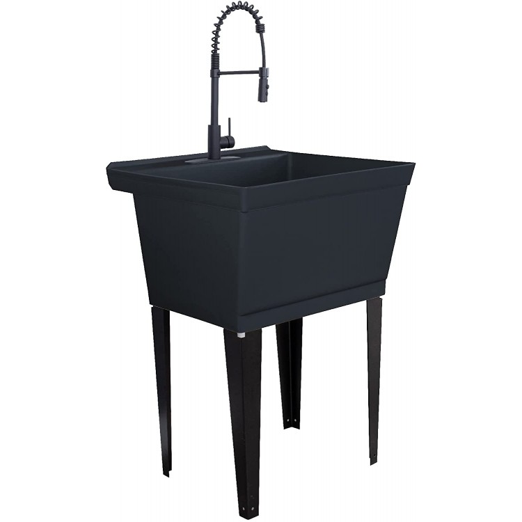 Utility Sink Extra-Deep Laundry Tub in Black with High-Arc Coil Pull-Down Sprayer Faucet in Matte Black Integrated Supply Lines P-Trap Kit Heavy Duty Floor Mounted Freestanding Wash Station