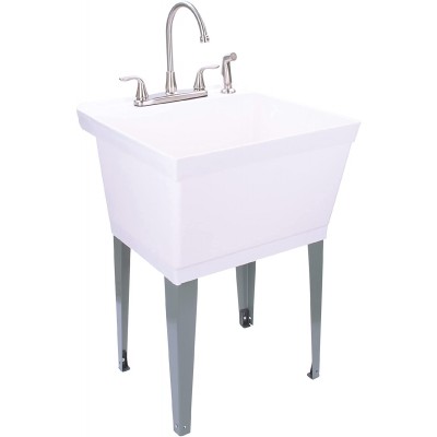 Utility Sink Laundry Tub with Stainless Steel High Rise Faucet by Maya with Side Sprayer Large Basin and Metal Legs Great for Workroom Shop Garage Basement Mud Room White Tub
