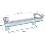 Vdomus Tempered Glass Bathroom Shelf with Hand Towel Bar Rectangular Wall Mounted Shower Storage Extra Thick Glass 15.2 by 4.5 inches with Brushed Silver Finish