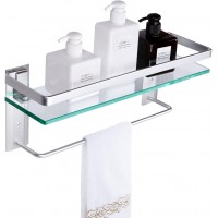 Vdomus Tempered Glass Bathroom Shelf with Hand Towel Bar Rectangular Wall Mounted Shower Storage Extra Thick Glass 15.2 by 4.5 inches with Brushed Silver Finish
