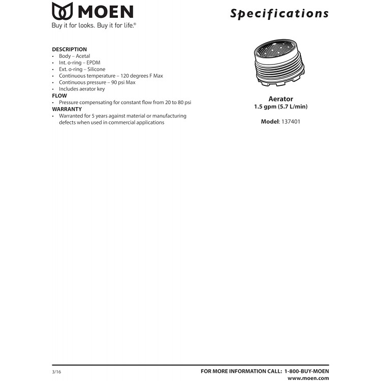 Moen 137401 Eco-Performance Aerator Flow Restrictor Service Kit for Rothbury or Voss 1.5 gpm N A