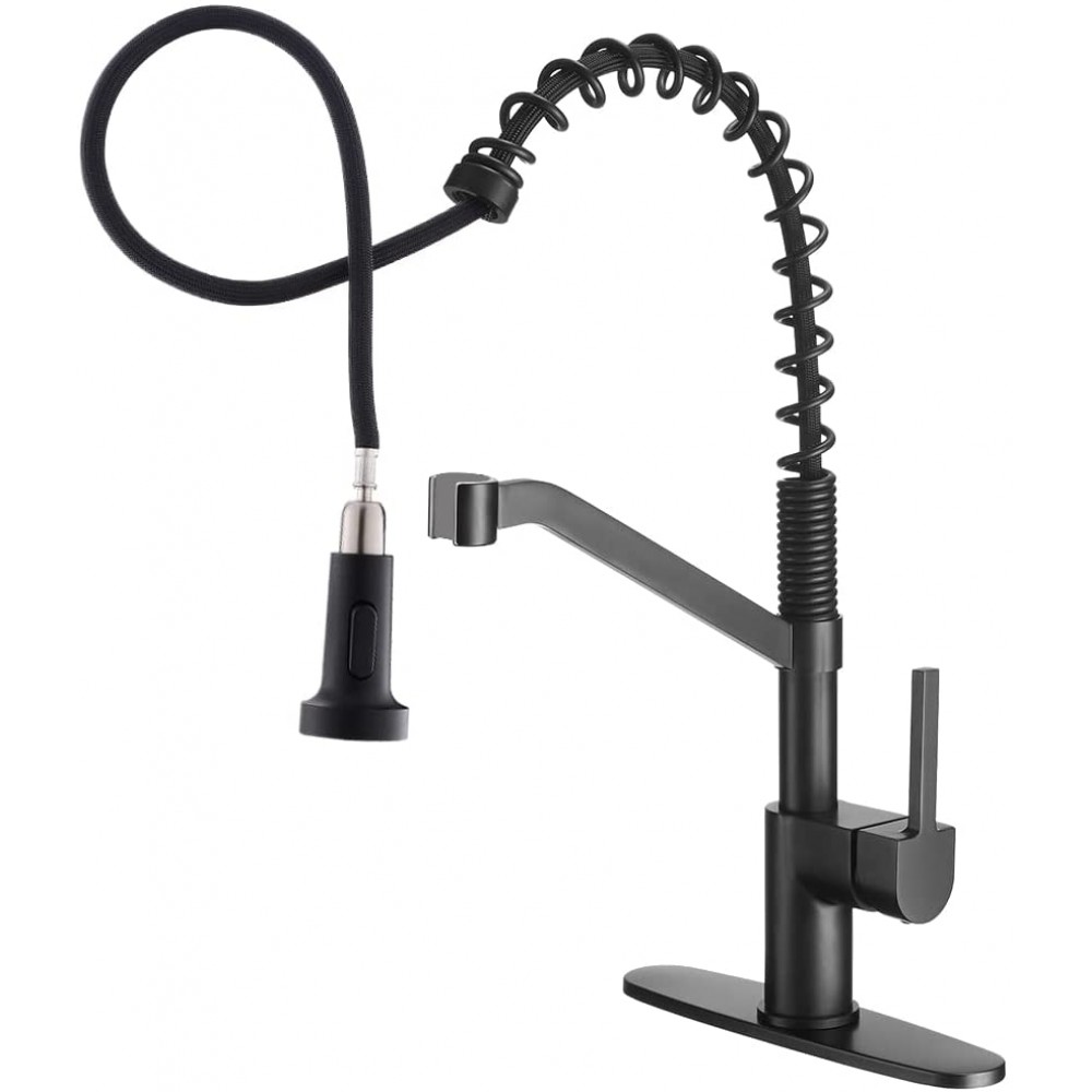 OWOFAN Kitchen Faucets with Pull Down Sprayer Solid Brass Matte Black Industrial Single Handle One Hole Or 3 Hole Faucet for Farmhouse Camper Laundry Utility Rv Wet Bar Sinks