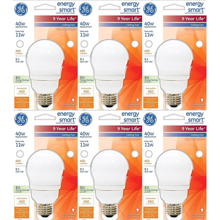 GE 47486 Energy Smart CFL 11 Watt 40 watt Replacement 500 Lumen A17 Light Bulb with Medium Base 6 Pack