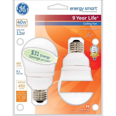 GE 49687 11-Watt A17 Energy Smart Ceiling Fan CFL Light Bulb 2-Pack