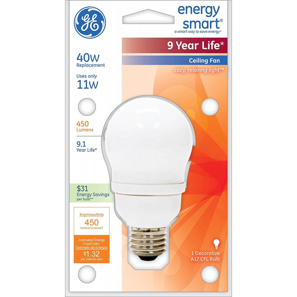 GE Lighting 47486 Energy Smart CFL 11 40-watt Replacement 500-Lumen A17 Light Bulb with Medium Base 1-Pack Soft White Long Life