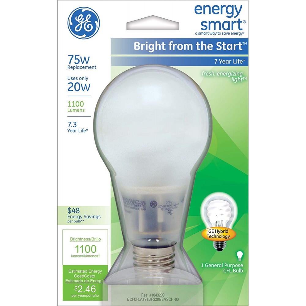 GE Lighting 63504 Energy Smart Bright from the Start CFL 20-Watt 75-watt replacement 1100-Lumen A21 Light Bulb with Medium Base 1-Pack