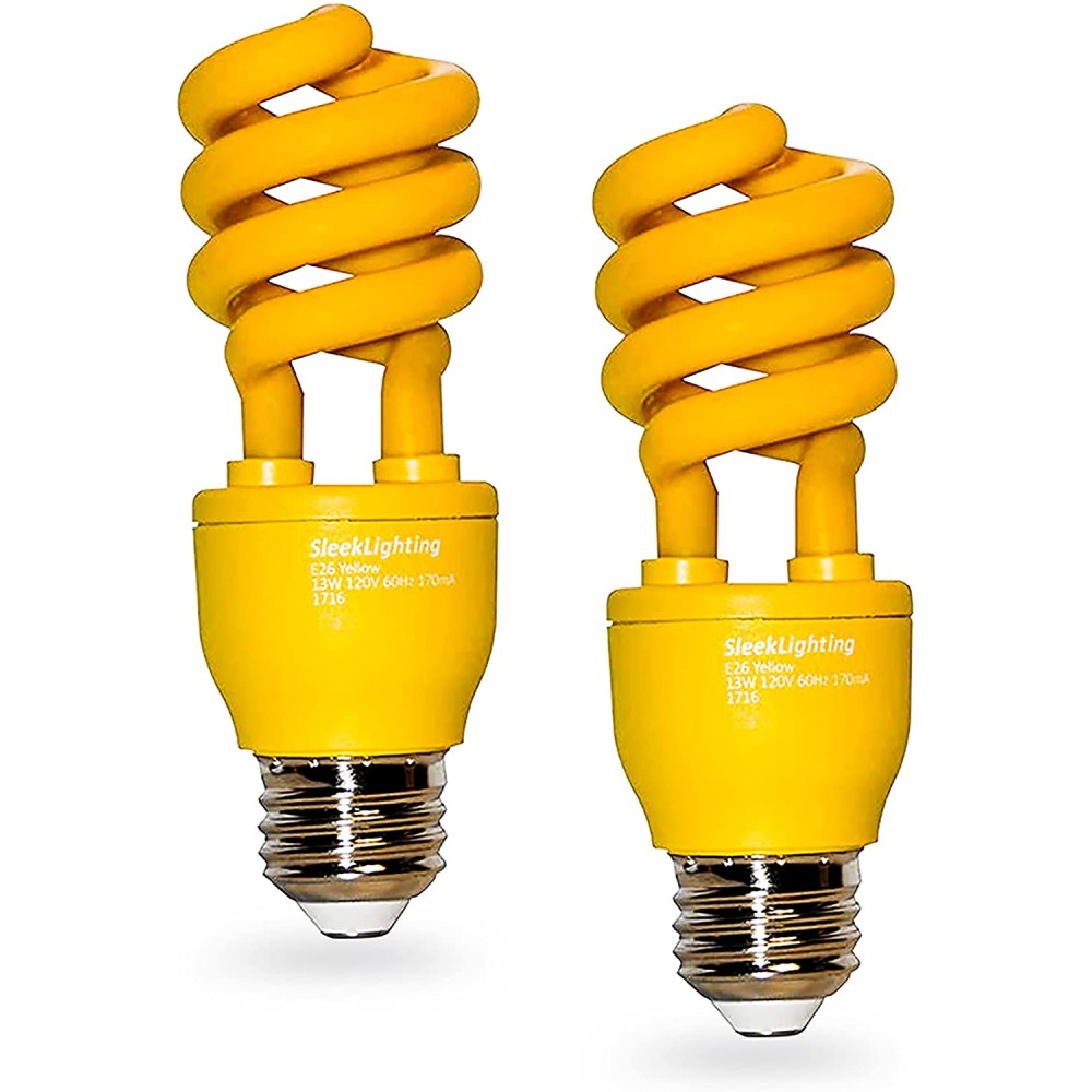 SleekLighting 13Watt Yellow Bug Light Bulbs for Outdoor – General Purpose Spiral CFL Yellow Bug Repellent Light Bulbs- UL Approved- Uses 13 Watts of Energy 120 Volts E26 Medium Base. Pack of 2