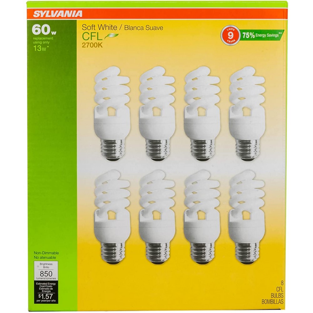 Sylvania 13W CFL T2 Spiral Light Bulb 60W Equivalent 850 Lumens 2700K Soft White Non-Dimmable 8-Pack