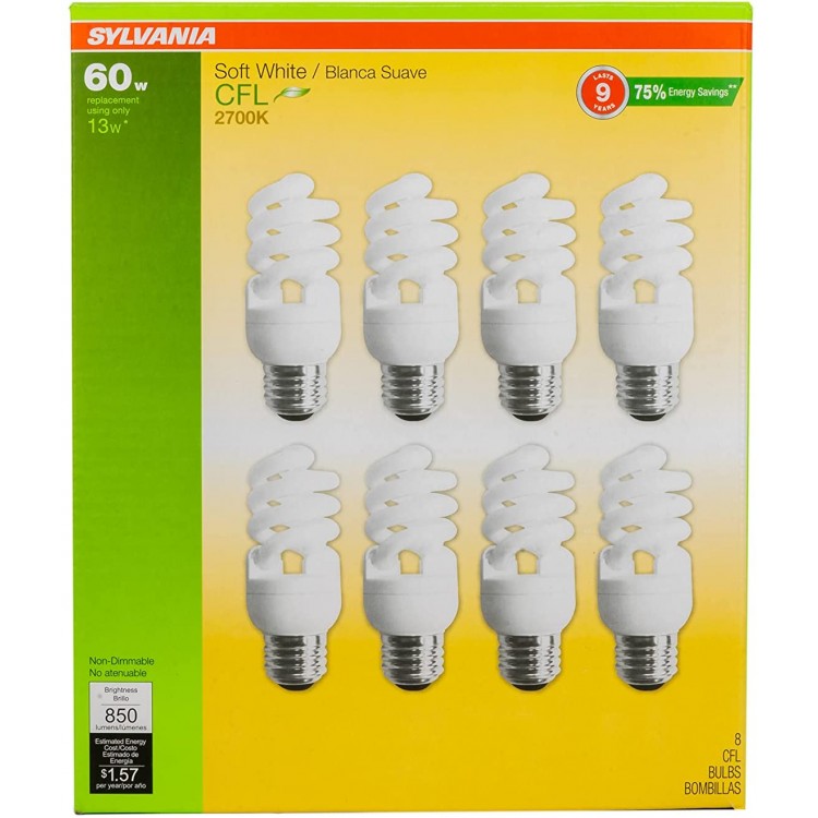 Sylvania 13W CFL T2 Spiral Light Bulb 60W Equivalent 850 Lumens 2700K Soft White Non-Dimmable 8-Pack