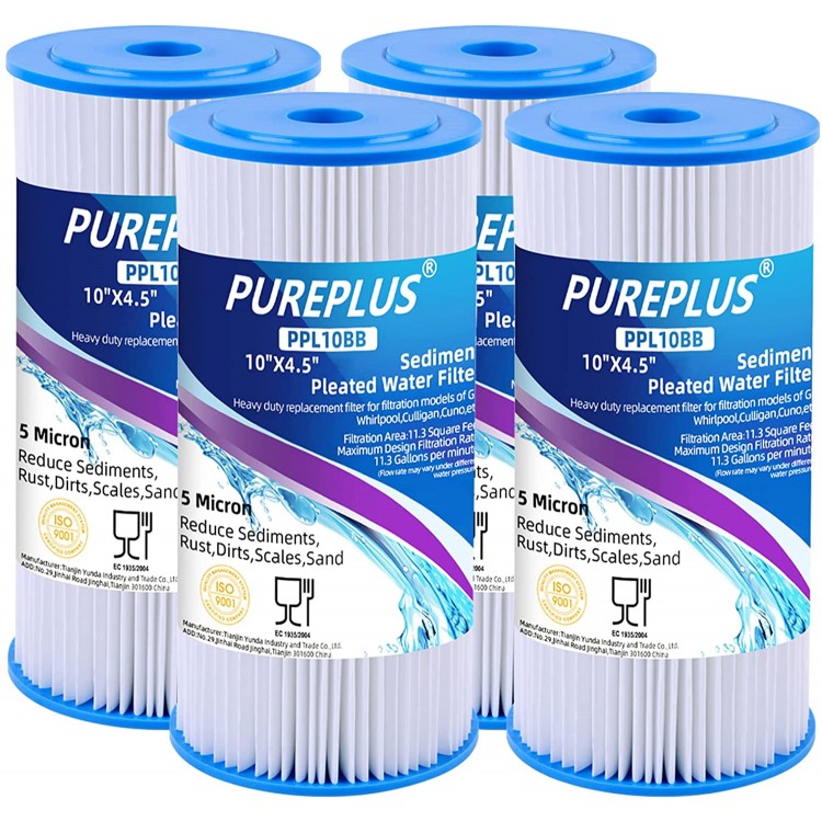 PUREPLUS 10" x 4.5" Whole House Pleated Sediment Filter for Well Water Replacement Cartridge for GE FXHSC Culligan R50-BBSA Pentek R50-BB DuPont WFHDC3001 American Plumber W50PEHD GXWH40L 4Pack