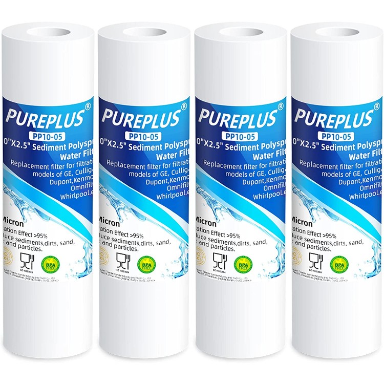 PUREPLUS 5 Micron 10" x 2.5" Whole House Sediment Home Water Filter Cartridge Replacement for Any 10 inch RO Unit Culligan P5 Aqua-Pure AR110 Dupont WFPFC5002 CFS10 WHKF-G05 4Pack