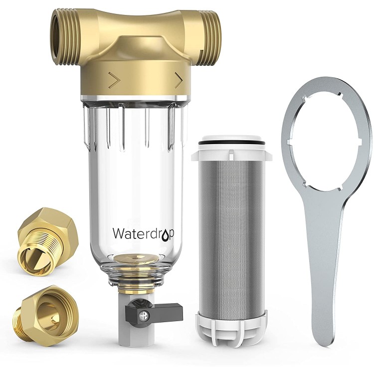 Waterdrop Spin Down Sediment Water Filter Reusable Whole House Pre-Filtration System 50-Micron Plus Extra 2Pcs Push-to-connect Fitting 1"MNPT+3 4"FNPT+3 4"MNPT