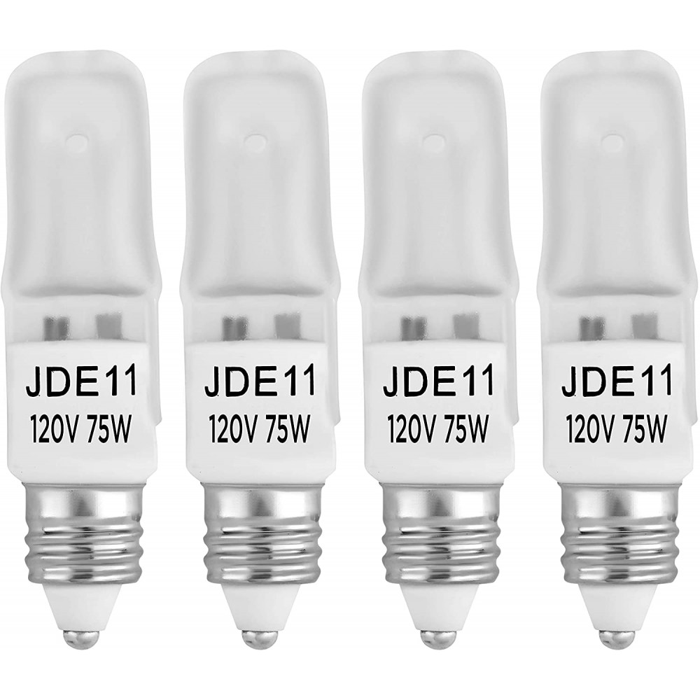 4-Pack JDE11 120V 75W Frosted Halogen JDE11 75W Bulb Warm White 75 Watt T4 E11 Bulb Frosted JD E11 T4 75W for Chandeliers Pendants Table Lamps Cabinet Lighting Mini-Candelabra Base T4 Bulb