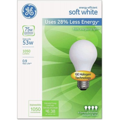 GE A19 Energy-Efficient Soft White Light Bulbs 53 Watts Pack Of 4