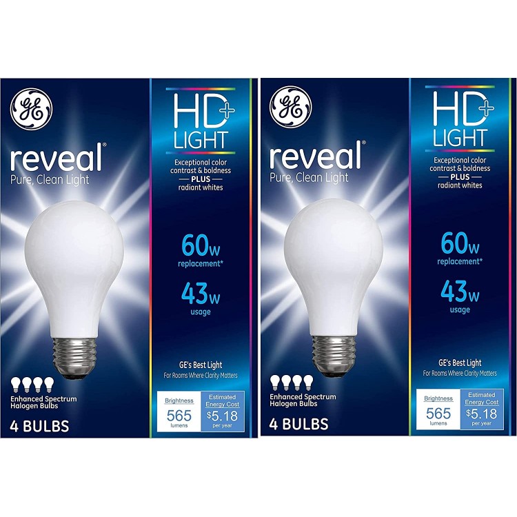 GE Lighting 67770 Reveal 43-Watt 60-Watt Replacement 565-Lumen A19 Light Bulb with Medium Base 8-Pack