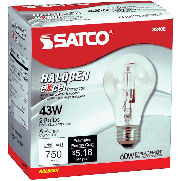 Satco S2402 43 Watt 60 Watt 750 Lumens A19 Halogen Warm White 3000K Clear Light Bulb 2-Pack