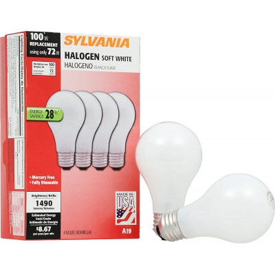 SYLVANIA Home Lighting 52258 Halogen Bulb A19-72W-3000K Soft White Finish Medium Base Pack of 4