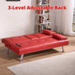 CHASIAISY Convertible Folding Futon Sofa Bed PU Leather for Living Room Guest Room Bedroom Game Room with Removable Armrests Chrome Metal Legs 2 Cupholders Color : RED