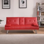 CHASIAISY Convertible Folding Futon Sofa Bed PU Leather for Living Room Guest Room Bedroom Game Room with Removable Armrests Chrome Metal Legs 2 Cupholders Color : RED