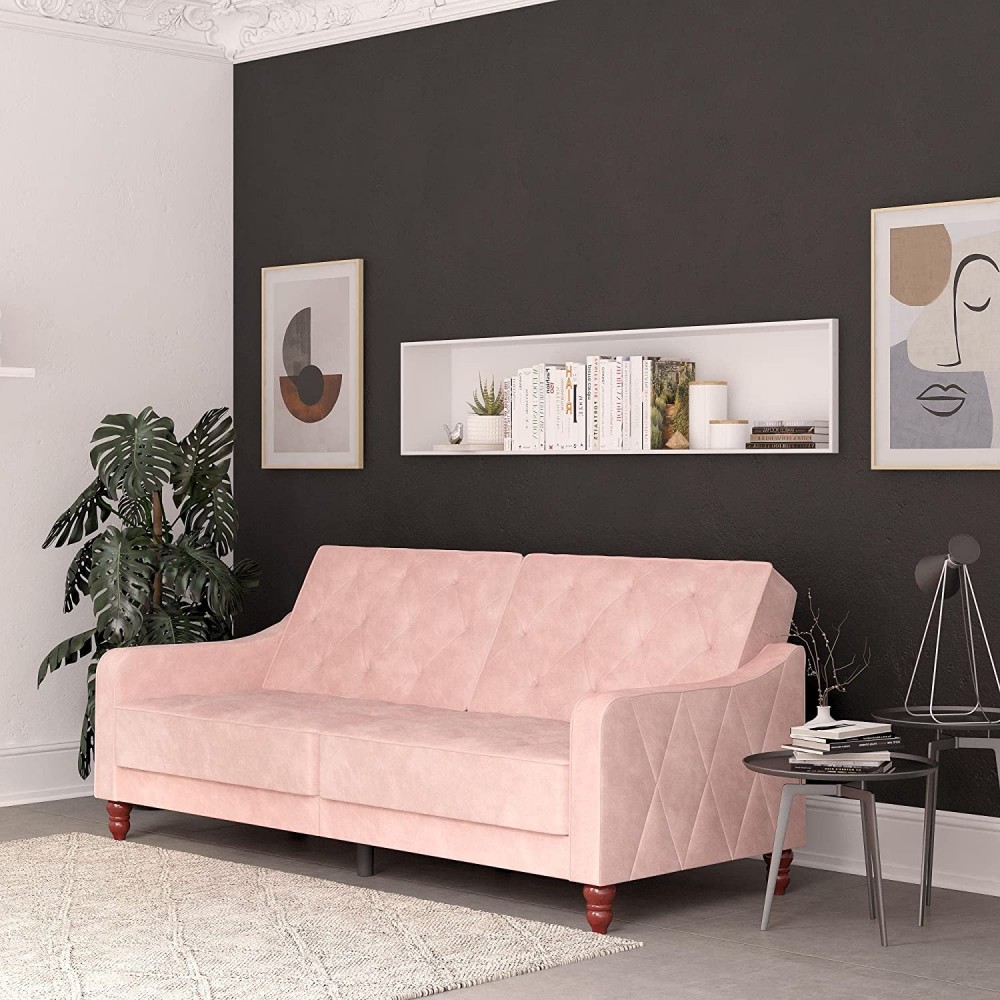 Futton-Vintage Tufted Split Back Futon Pink-You Can Lounge During The Day Or Host Guests Overnight If Need It