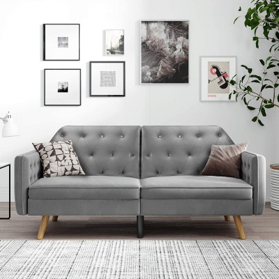 GAOPAN Modern Velvet Sectional Loveseat Futon Sofa Convertible Bed with Side Pocket Saving Upholstered Folding Couch for Compact Living Space Apartment Lounge Dorm Gray