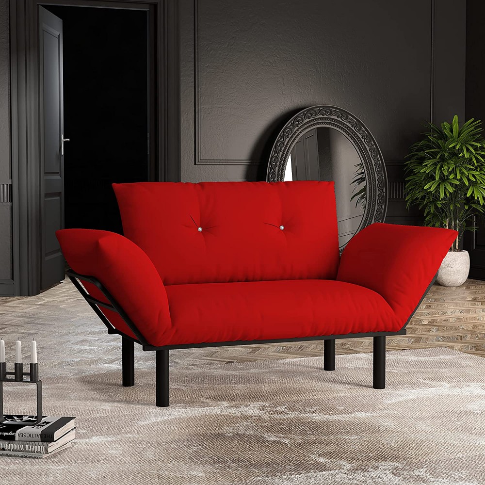 HT Design Extra Wide Modern Loveseat Futon for Living Rooms and Bedroom Removable Back and Seat Cushion Small Size Furniture for Guest Room Studio Apartments Red