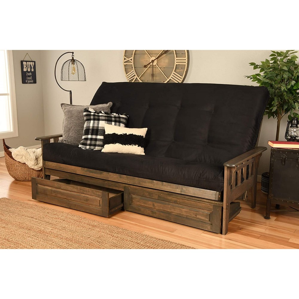 Kodiak Furniture Tucson Queen-Size Futon Set with Storage Drawers in Rustic Walnut Finish Suede Black Mattress