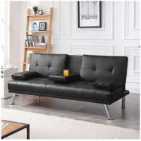LUXURYGOODS Modern Faux Leather Reclining FUTON with CUPHOLDERS & Pillows Black