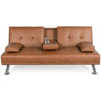 LUXURYGOODS Modern Faux Leather Reclining FUTON with CUPHOLDERS & Pillows Brown